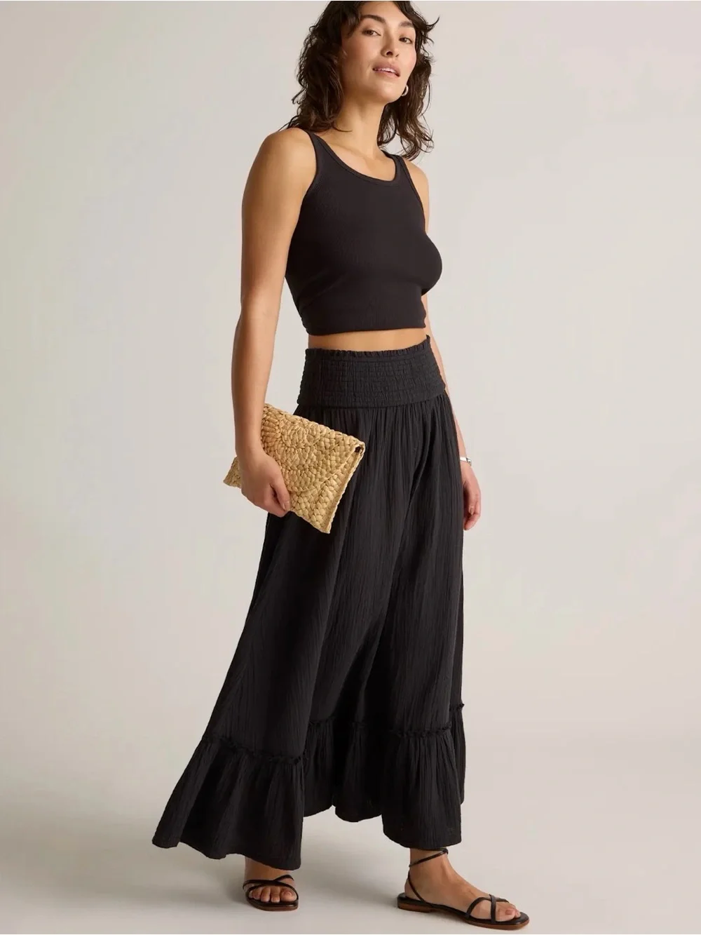 Black Smocked-Waist Maxi Skirt